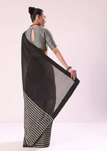 Black And Silver Half Striped Chanderi Saree And Stitched Blouse