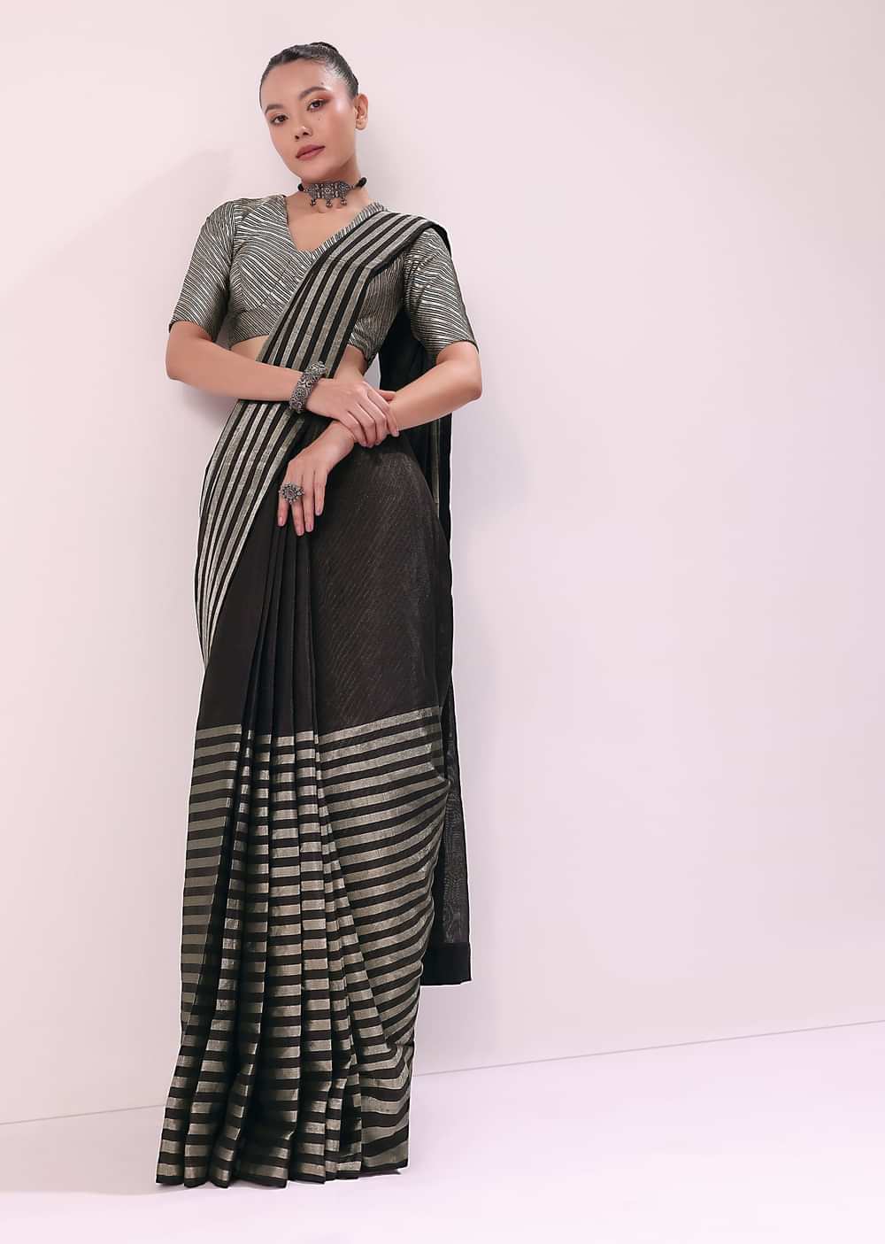 Black And Silver Half Striped Chanderi Saree And Stitched Blouse