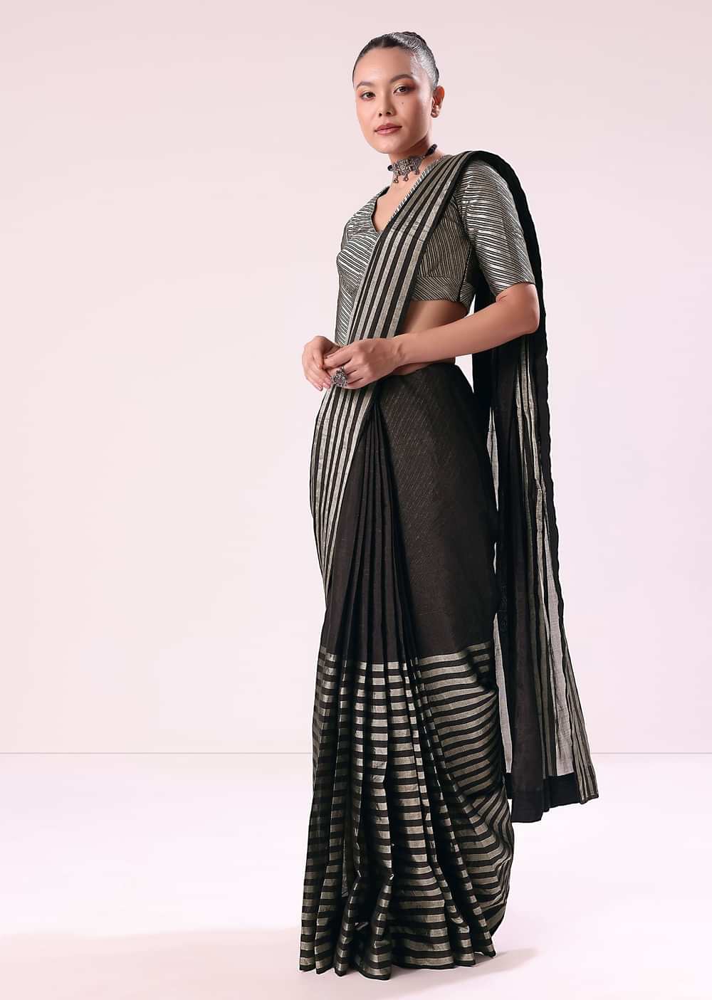 Black And Silver Half Striped Chanderi Saree And Stitched Blouse