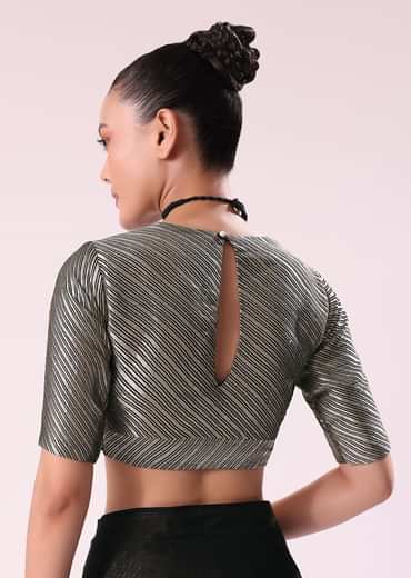 Black And Silver Half Striped Chanderi Saree And Stitched Blouse
