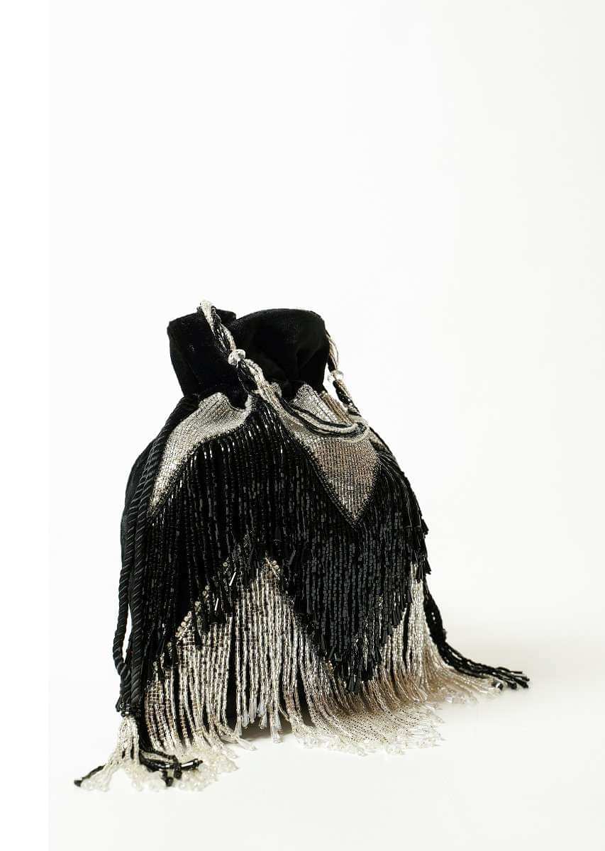 Black And Silver Potli Bag In Velvet With Bead Fringes In Chevron Design Online - Kalki Fashion
