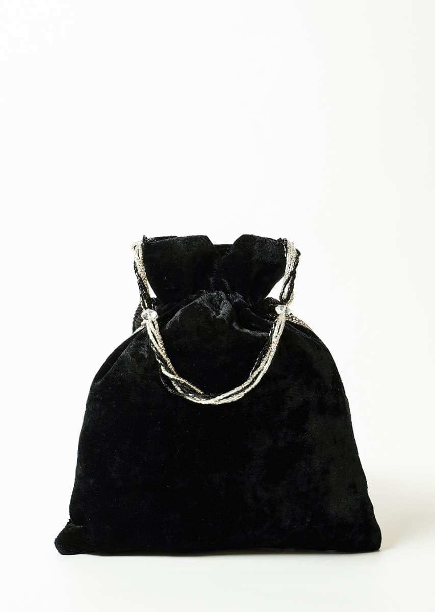 Black And Silver Potli Bag In Velvet With Bead Fringes In Chevron Design Online - Kalki Fashion