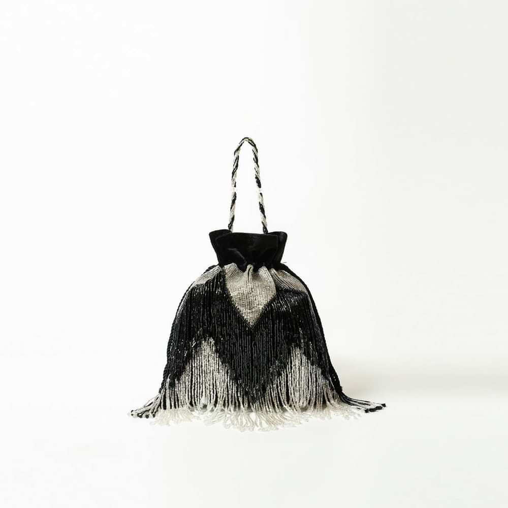 Black And Silver Potli Bag In Velvet With Bead Fringes In Chevron Design Online - Kalki Fashion