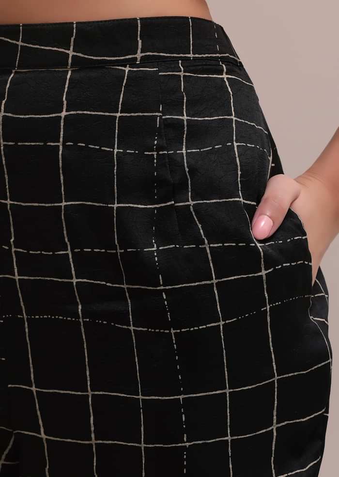 Black And White Checks Colour Block Woven Crepe Co-ord Set With Beads On Neckline