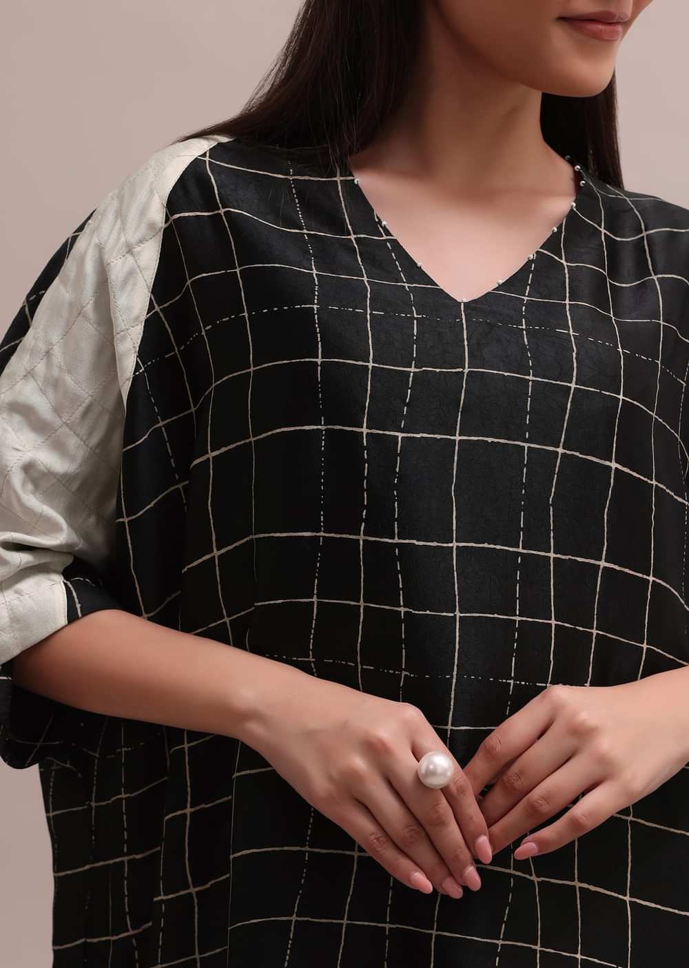 Black And White Checks Colour Block Woven Crepe Co-ord Set With Beads On Neckline