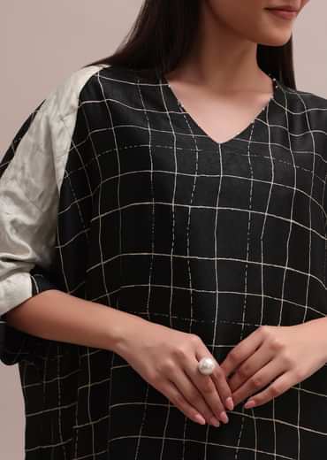 Black And White Checks Colour Block Woven Crepe Co-ord Set With Beads On Neckline