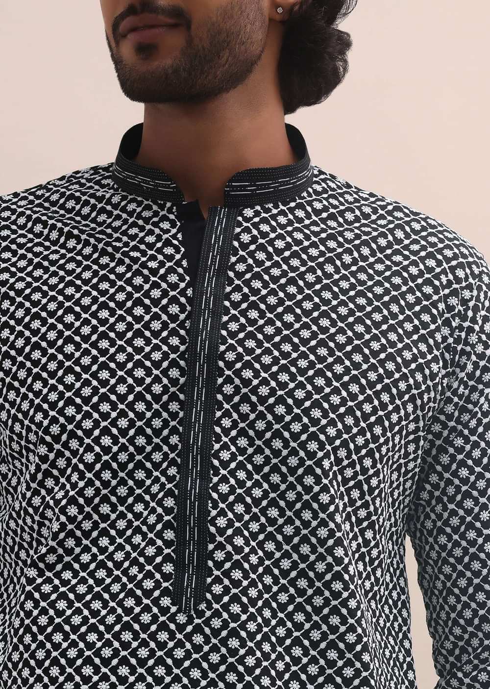 Black And White Lucknowi Cotton Kurta Set