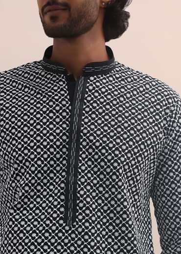 Black And White Lucknowi Cotton Kurta Set