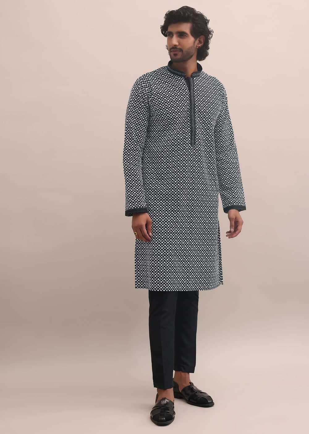 Black And White Lucknowi Cotton Kurta Set