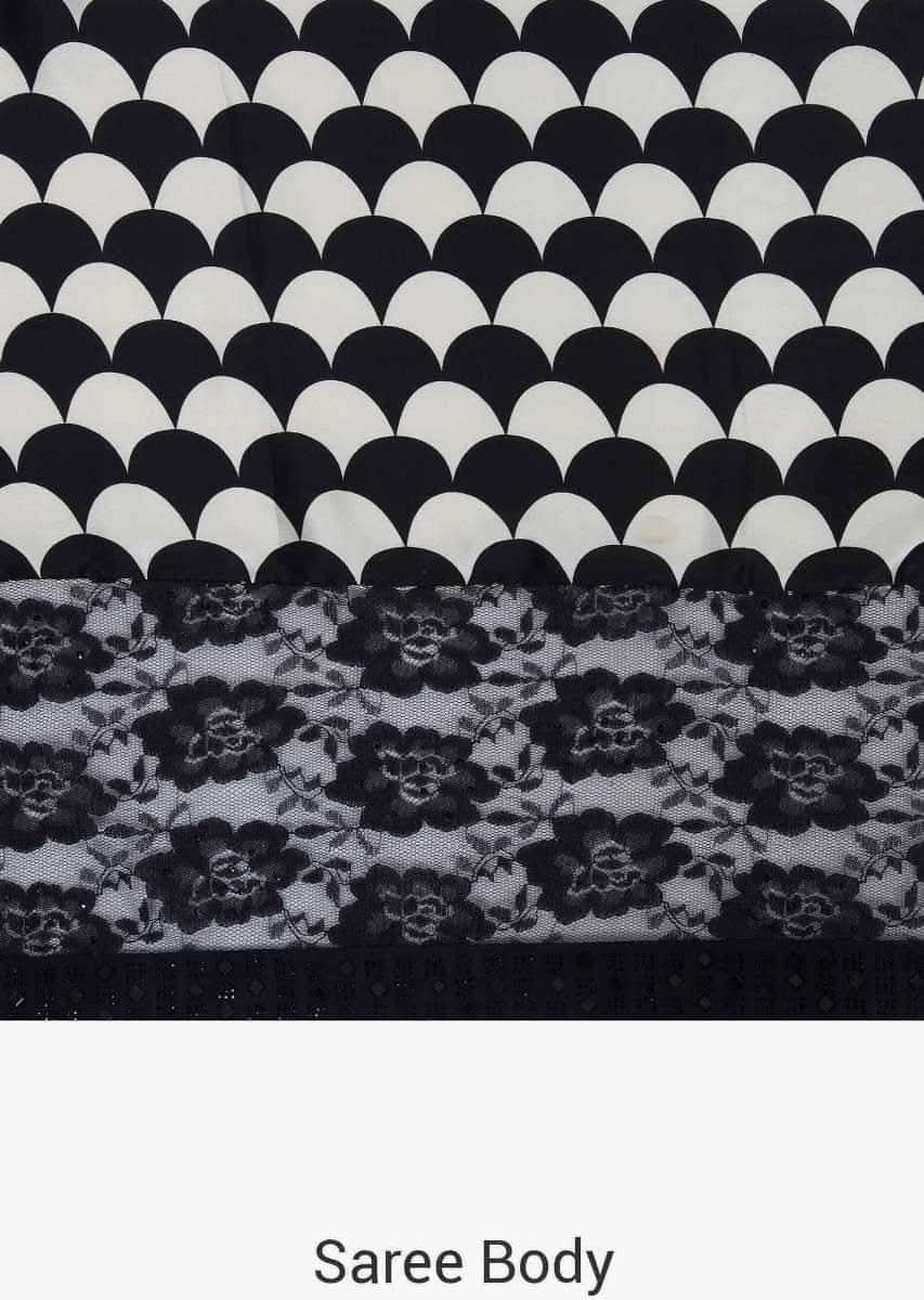Black and white satin silk saree with unstitched blouse