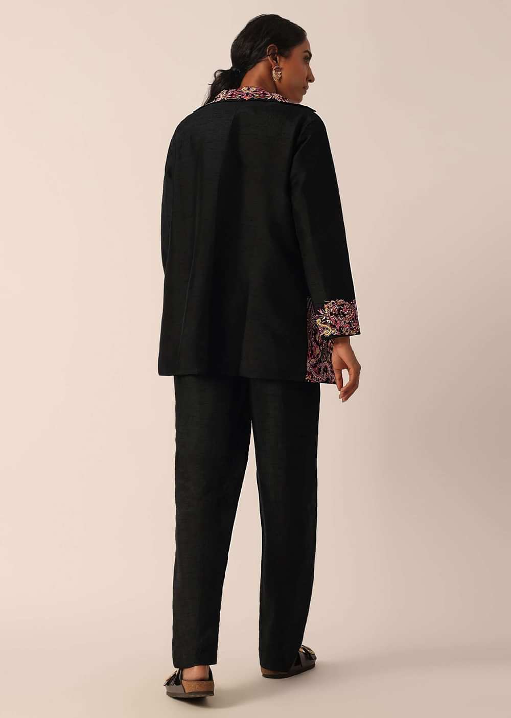 Black Art Silk Jacket And Pant Set With Sequin Work
