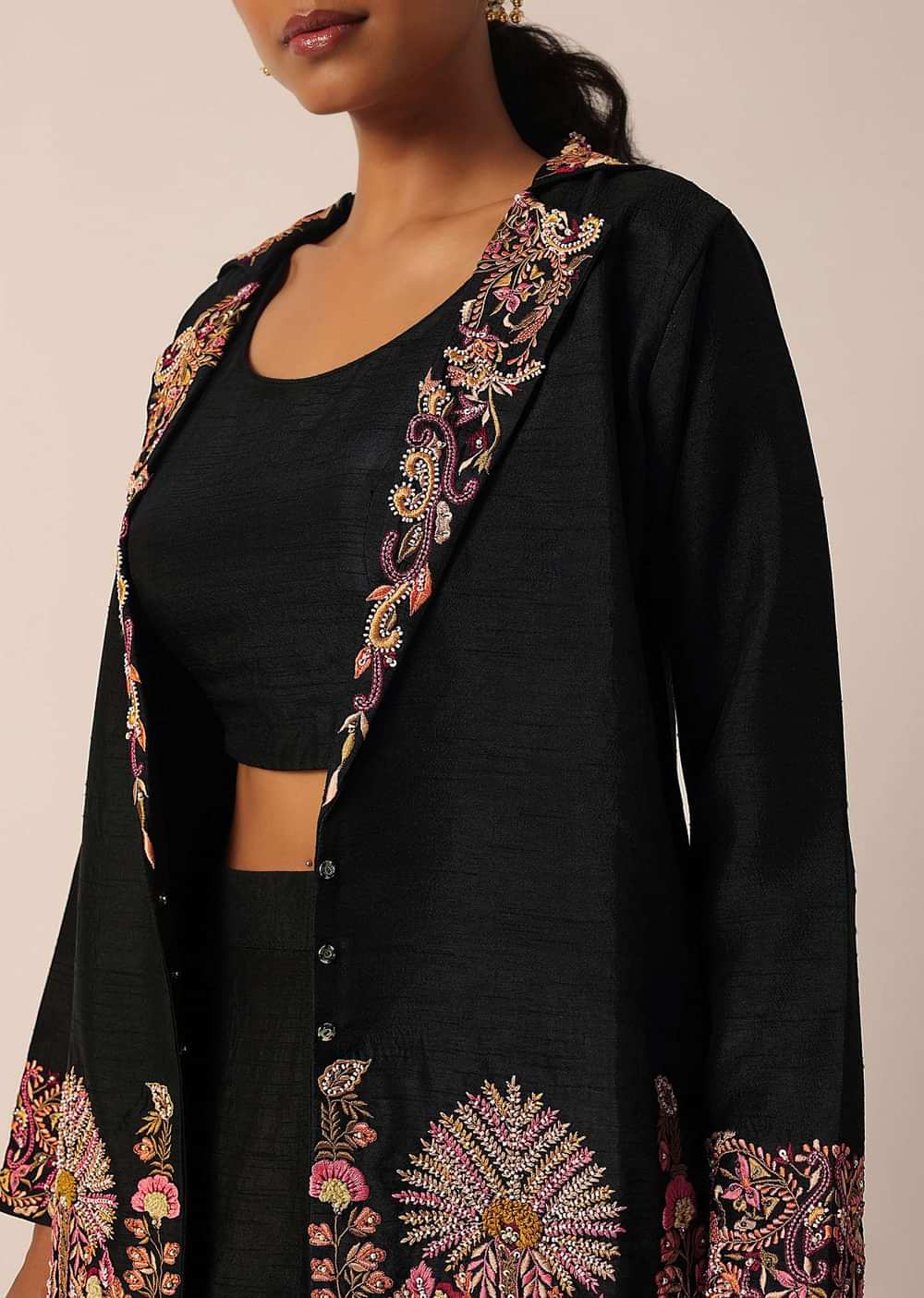 Black Art Silk Jacket And Pant Set With Sequin Work