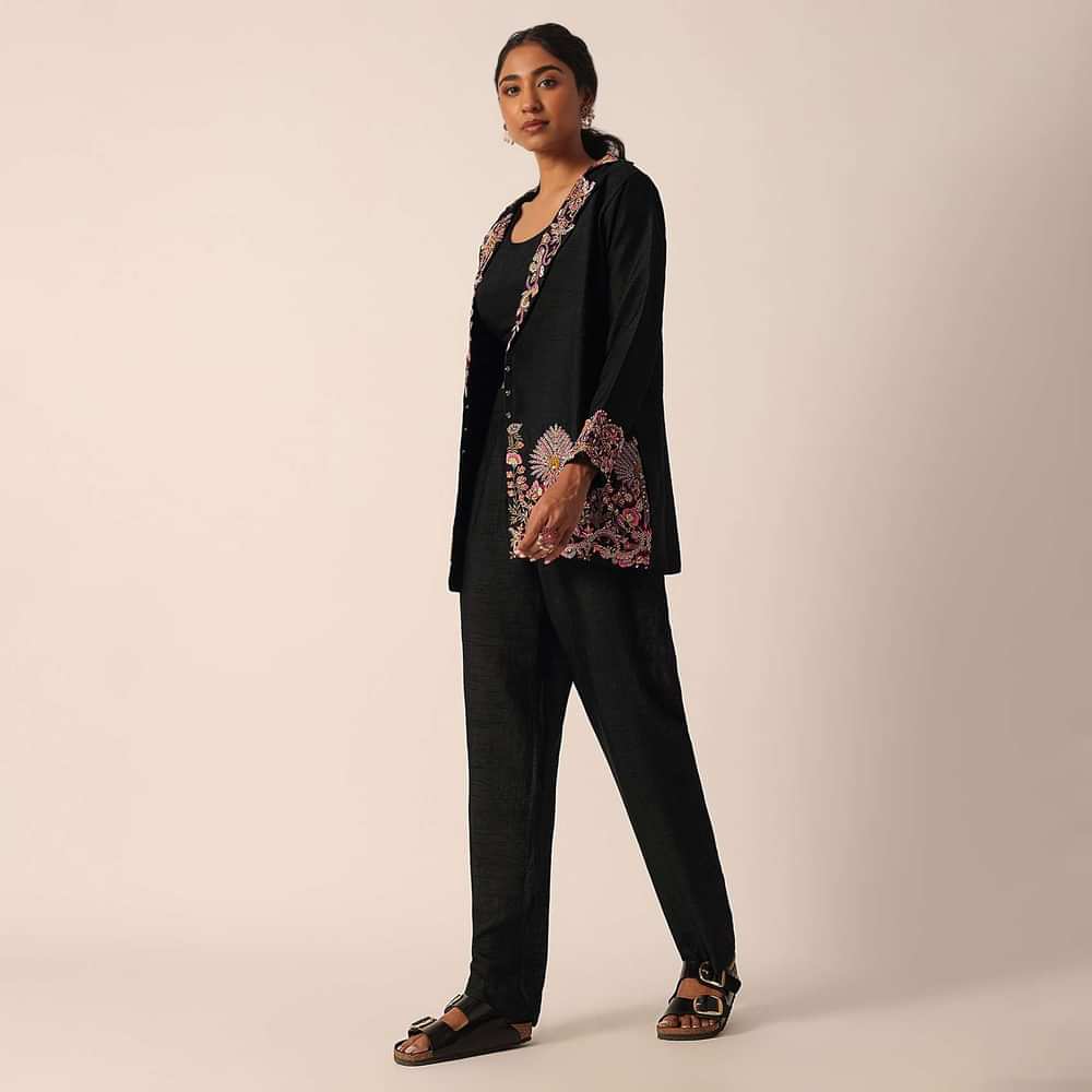 Black Art Silk Jacket And Pant Set With Sequin Work