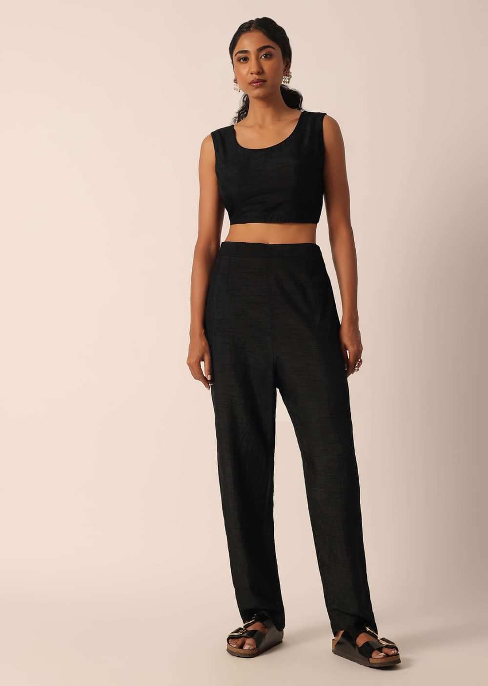 Black Art Silk Jacket And Pant Set With Sequin Work