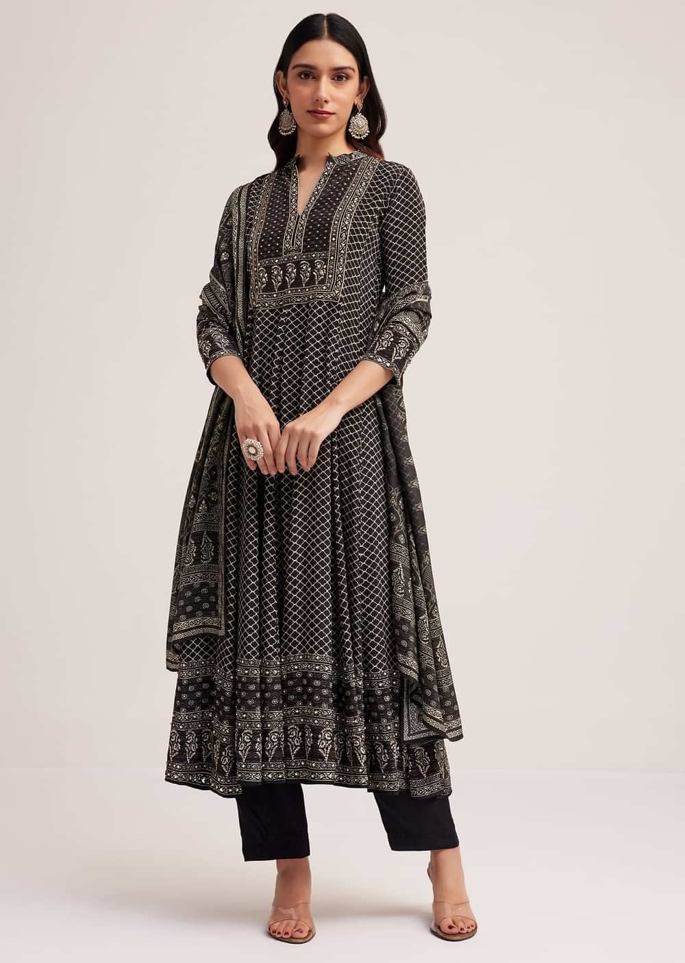 Black Bagru Printed Anarkali Set With Dupatta