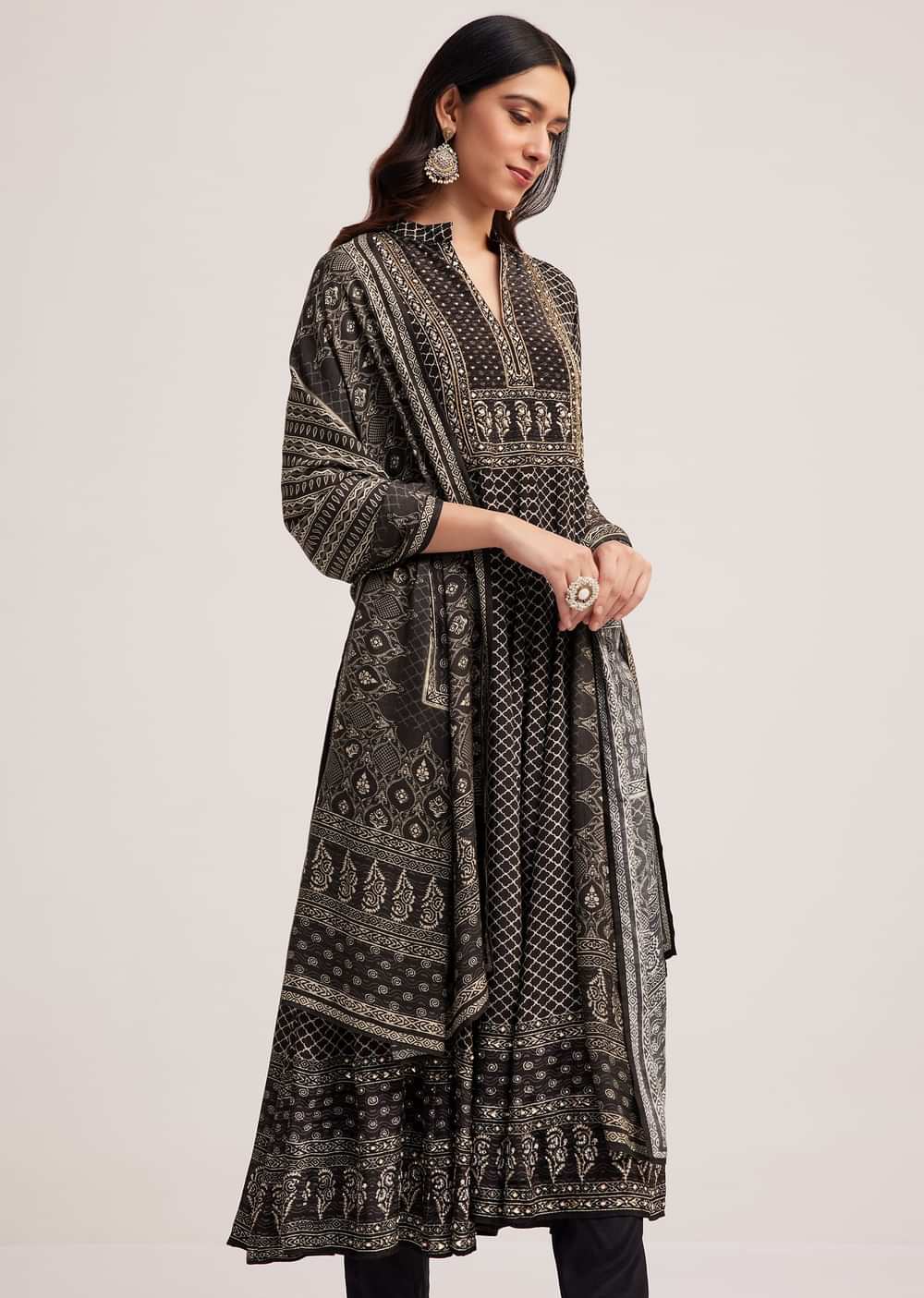 Black Bagru Printed Anarkali Set With Dupatta