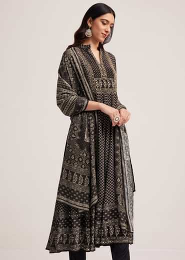 Black Bagru Printed Anarkali Set With Dupatta