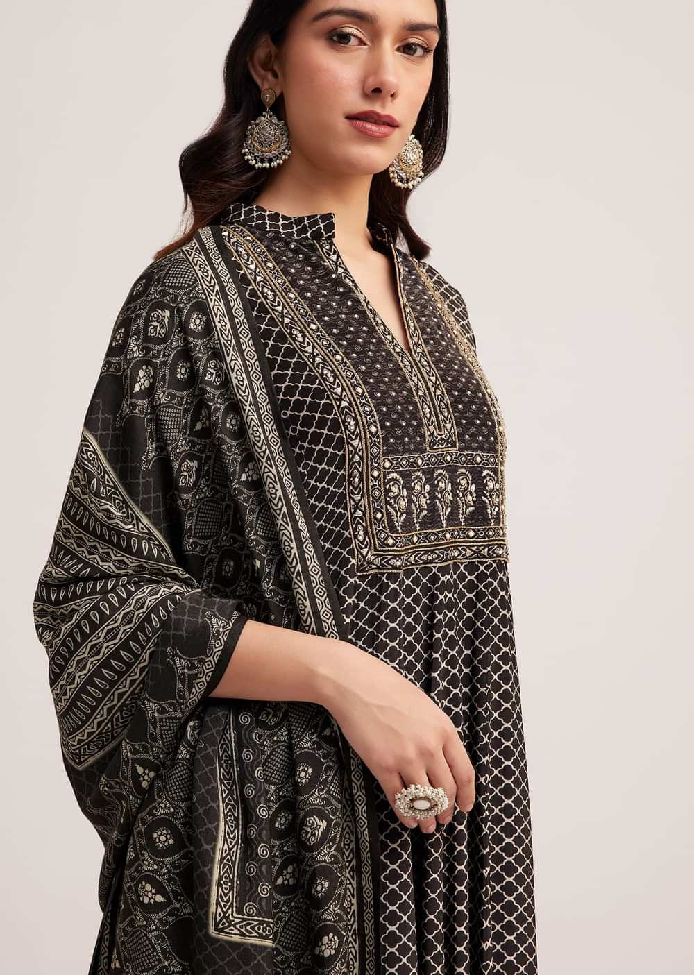 Black Bagru Printed Anarkali Set With Dupatta