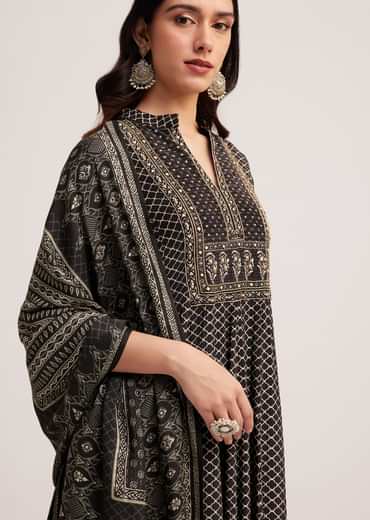 Black Bagru Printed Anarkali Set With Dupatta