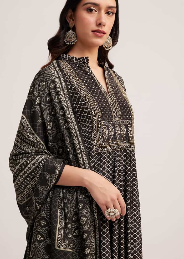 Black Bagru Printed Anarkali Set With Dupatta