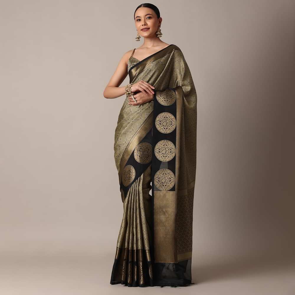 Black Banarasi Tunchui Silk Saree With Gold Motifs And Unstitched Blouse Piece