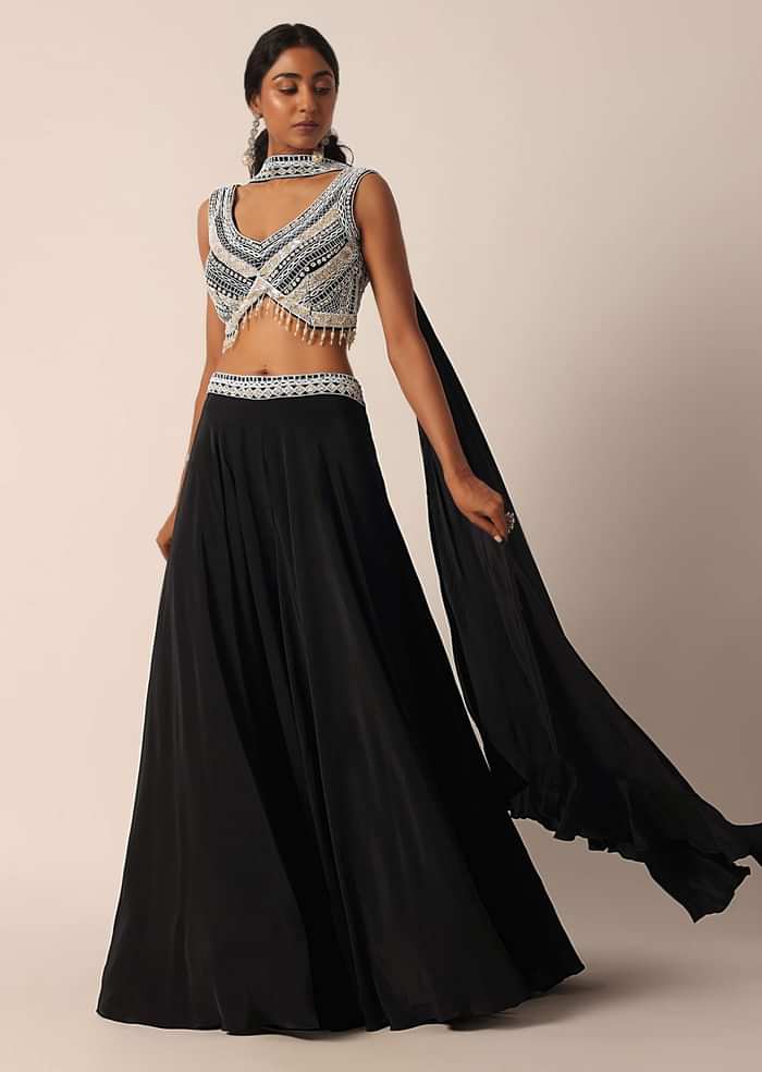 Black Bead Embellished Blouse And Palazzo Set