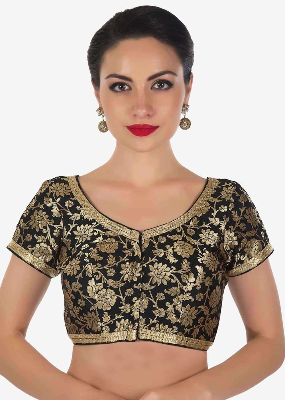 Black Brocade Blouse Features With Gold Lace Online - Kalki Fashion