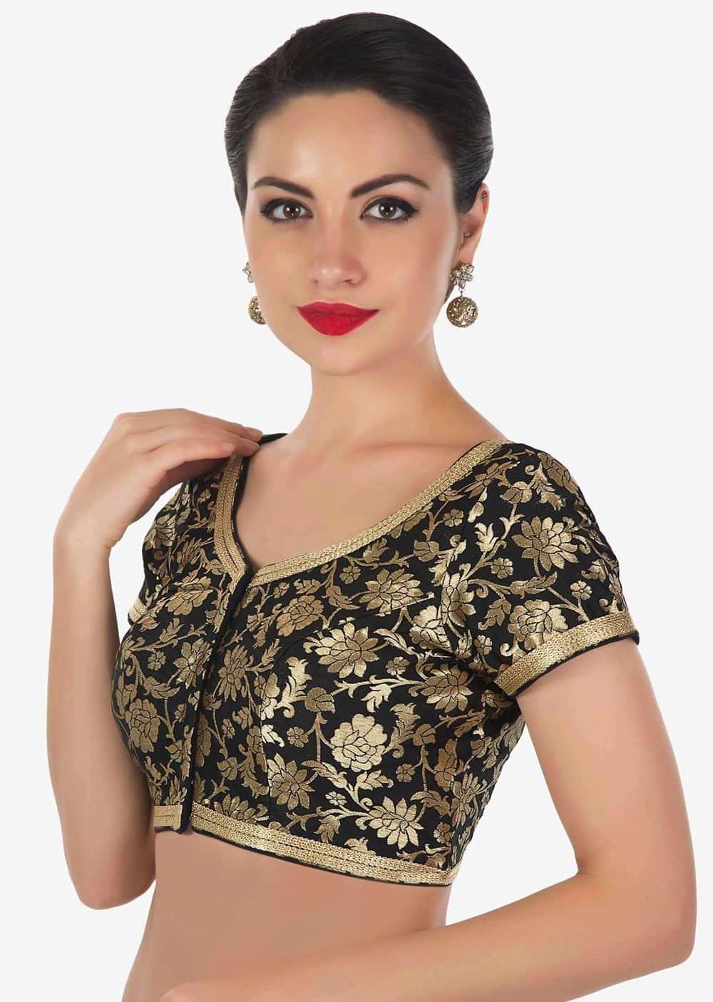 Black Brocade Blouse Features With Gold Lace Online - Kalki Fashion
