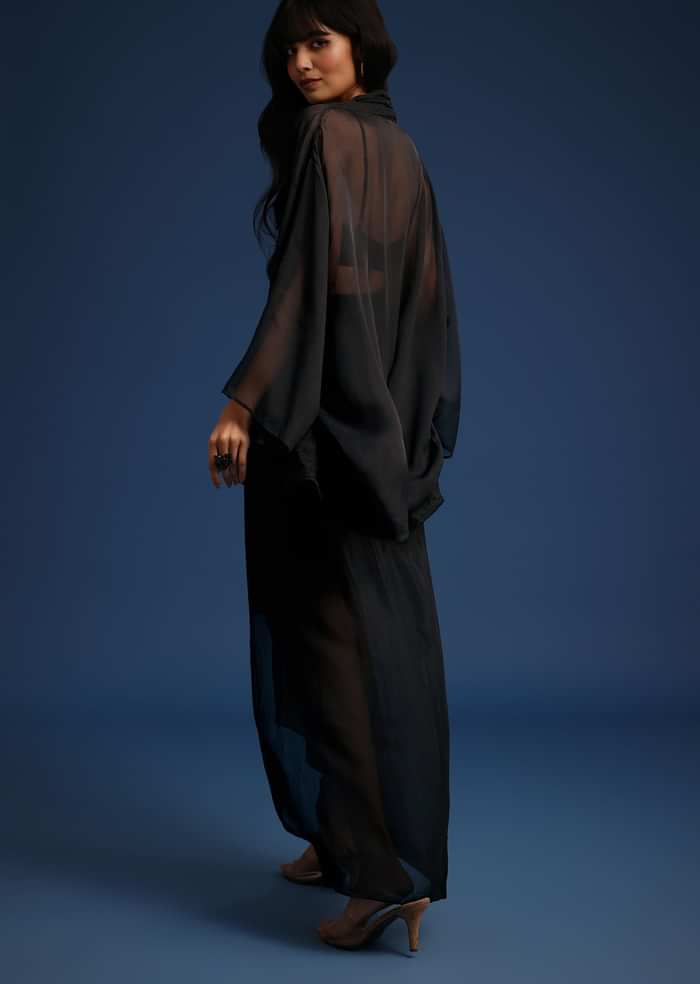 Black Chiffon Asymmetrical Skirt And Jacket Set