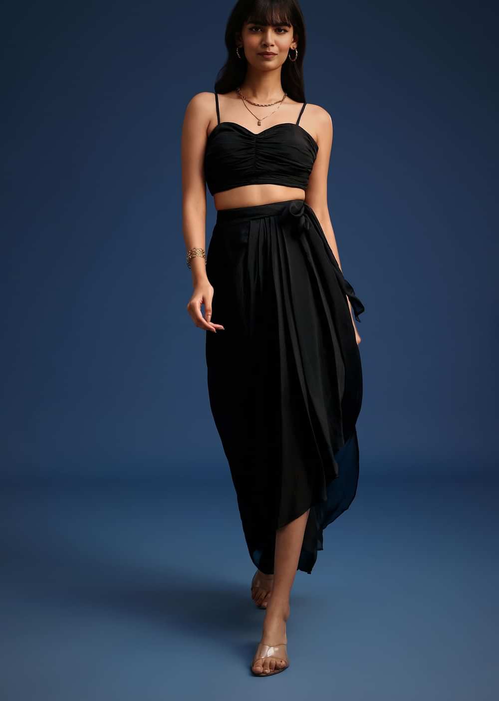 Black Chiffon Asymmetrical Skirt And Jacket Set