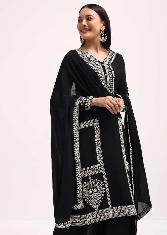 Black Chiffon Kurta Palazzo Set With Resham Work