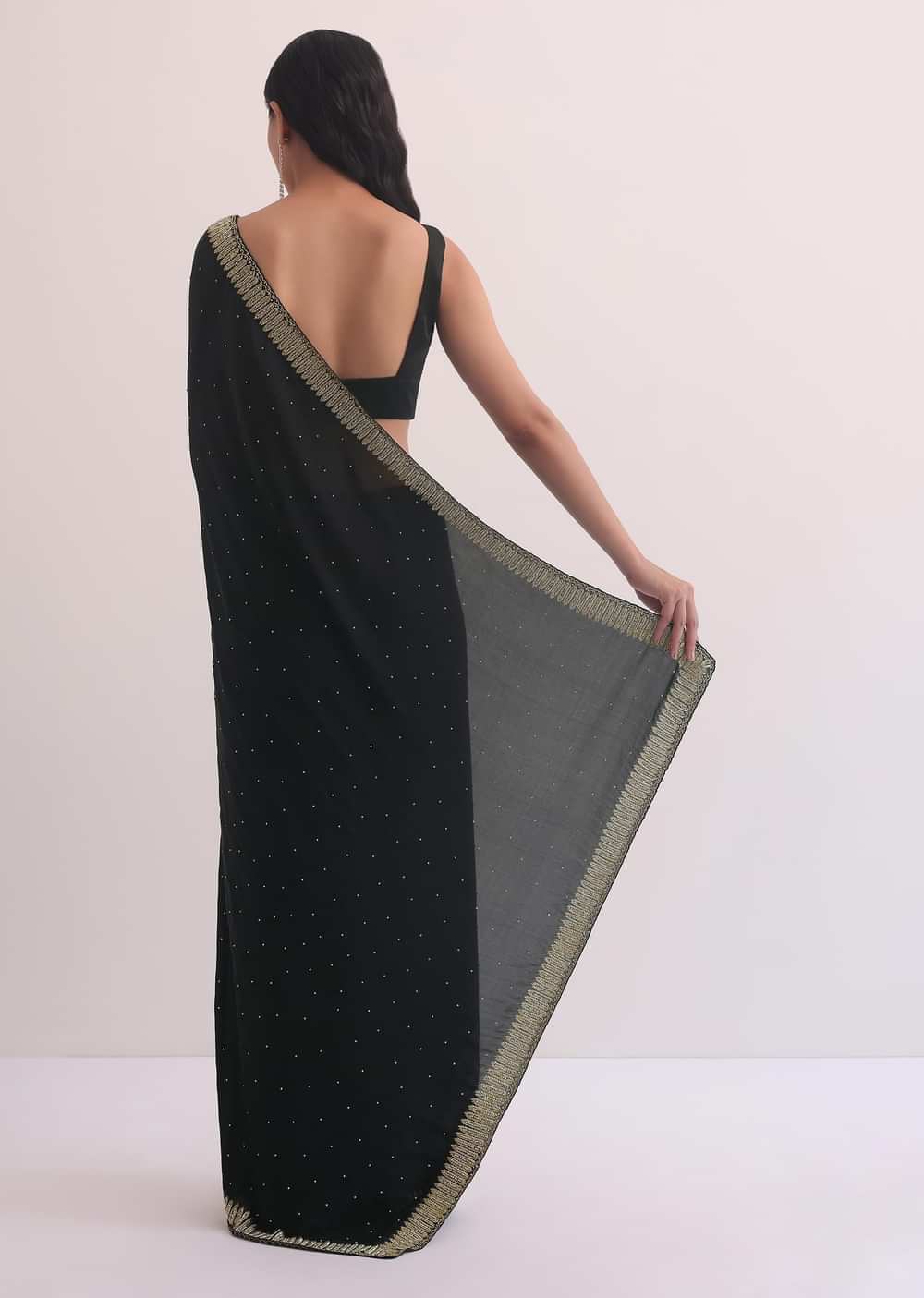 Black Satin Saree With Stone Studded Border