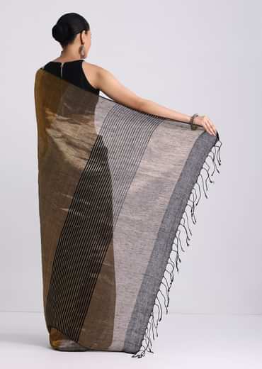 Black Coloblock Linen Tissue Woven Saree