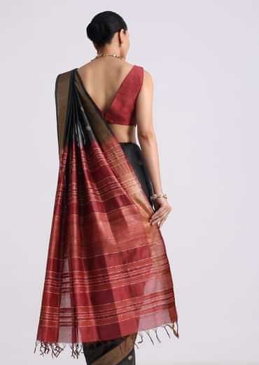 Black Colorblock Spun Silk Saree With Woven Butti Work