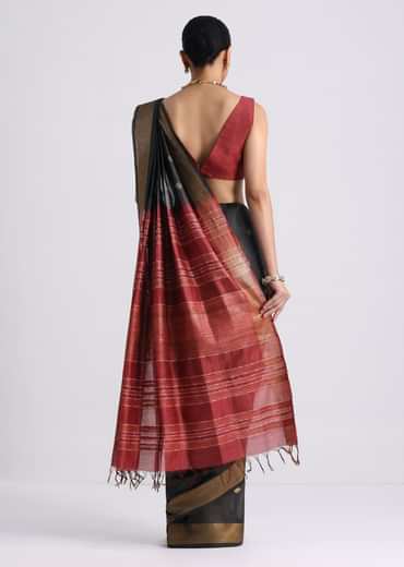 Black Colorblock Spun Silk Saree With Woven Butti Work
