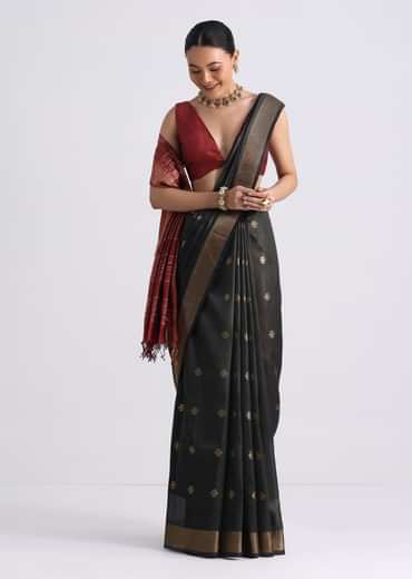 Black Colorblock Spun Silk Saree With Woven Butti Work