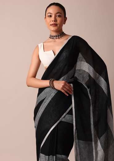Black Cotton Linen Diagonal Striped Saree With Unstitched Blouse Piece