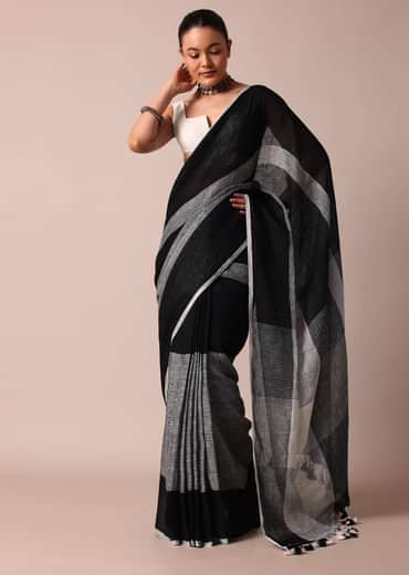 Black Cotton Linen Diagonal Striped Saree With Unstitched Blouse Piece