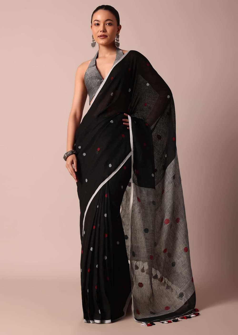 Black Cotton Linen Polka Dot Motif Saree With Unstitched Blouse Piece