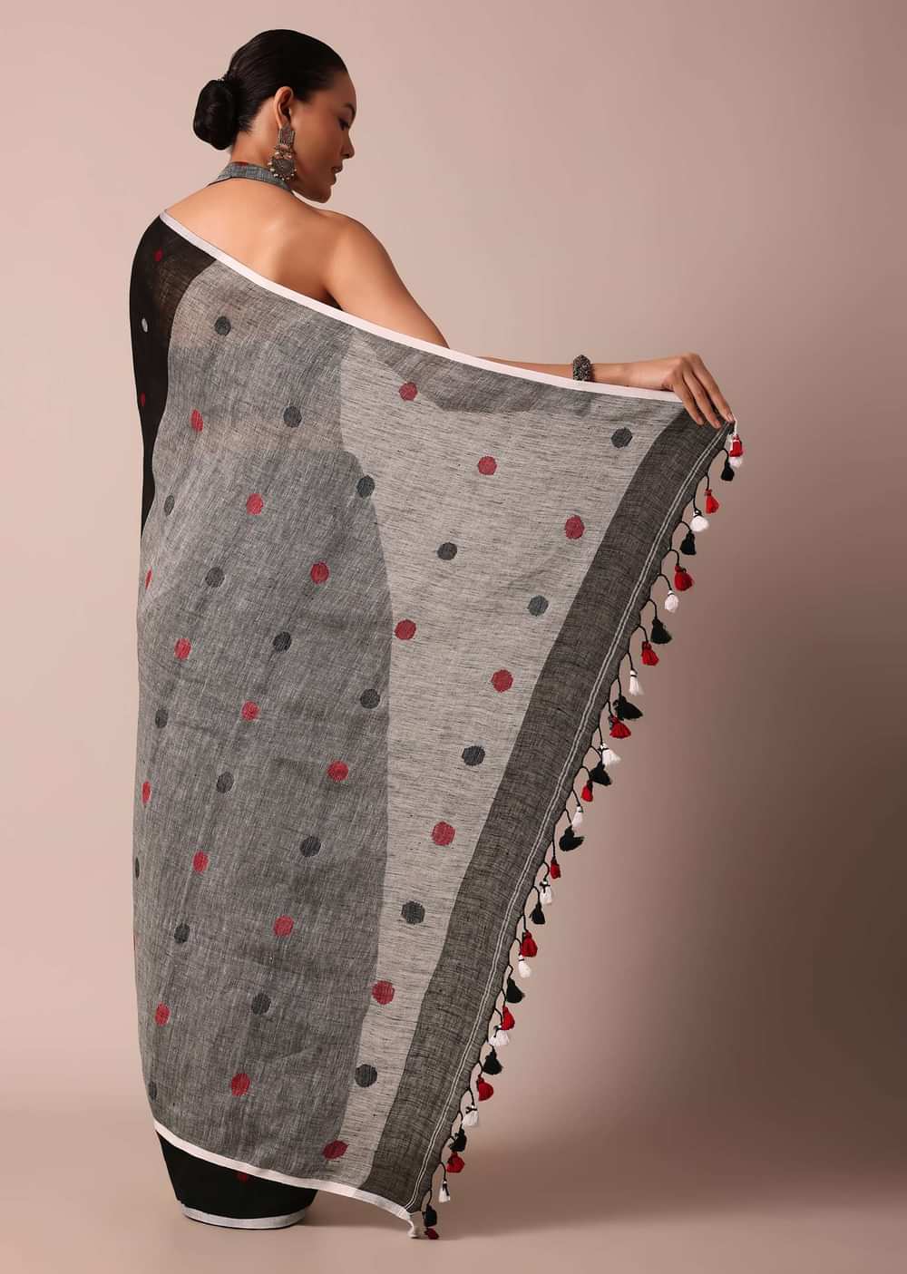 Black Cotton Linen Polka Dot Motif Saree With Unstitched Blouse Piece