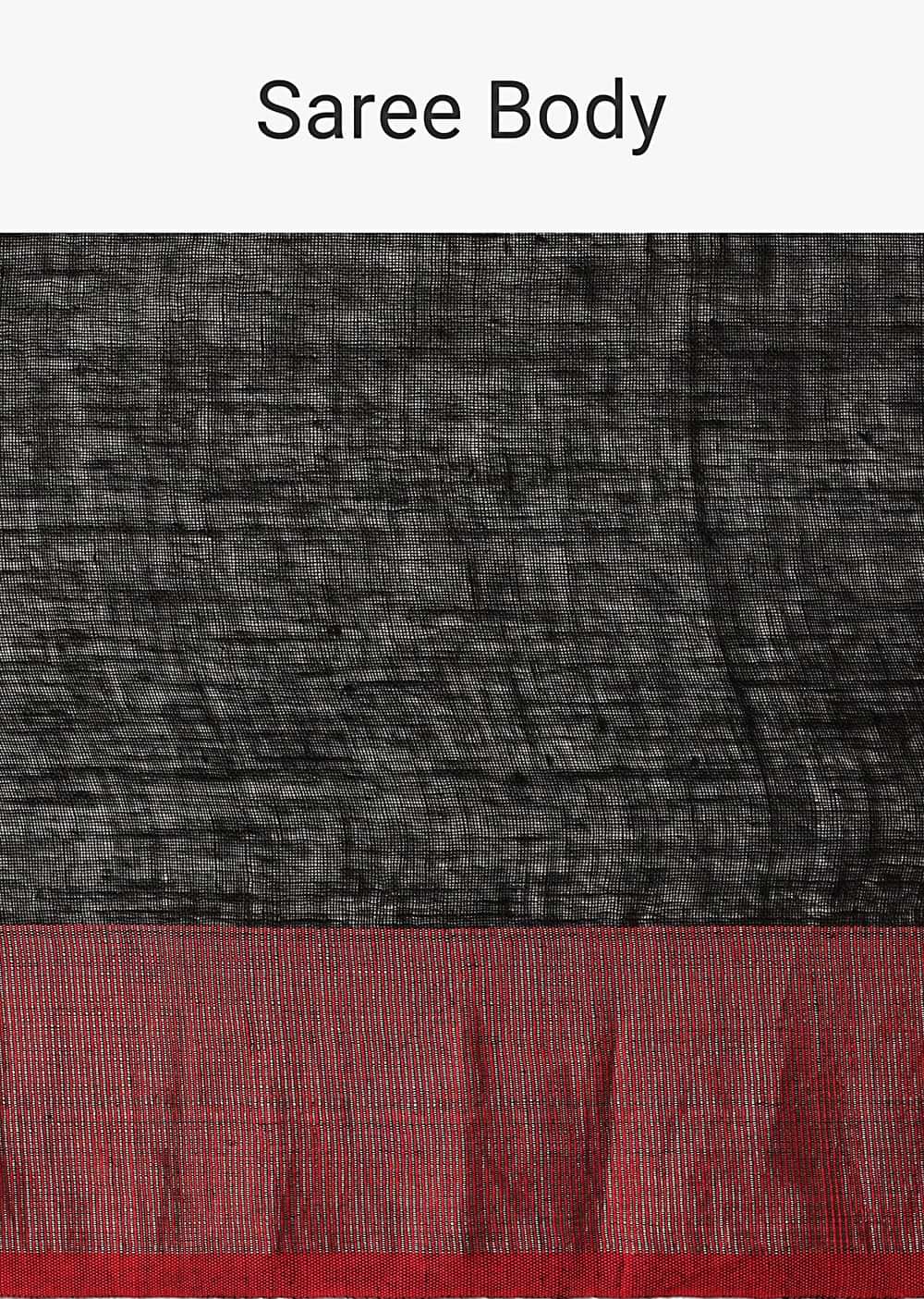 Black Cotton Linen Saree With Contrast Border And Unstitched Blouse Piece