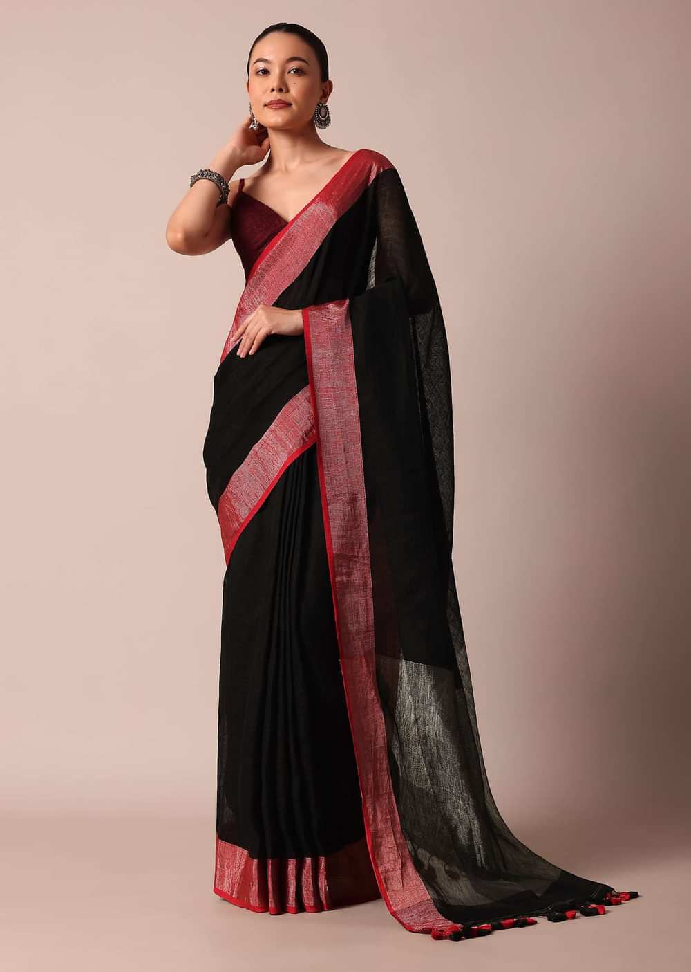 Black Cotton Linen Saree With Contrast Border And Unstitched Blouse Piece
