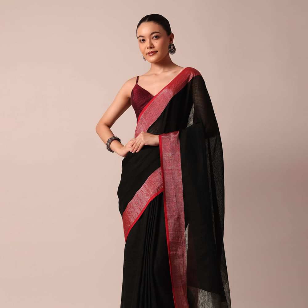 Black Cotton Linen Saree With Contrast Border And Unstitched Blouse Piece