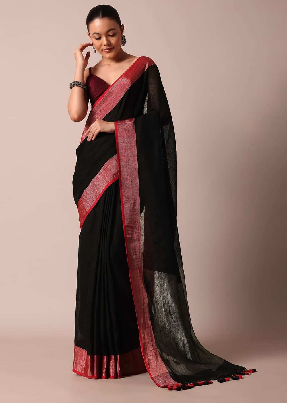 Black Cotton Linen Saree With Contrast Border And Unstitched Blouse Piece