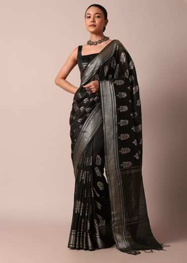 Black Cotton Linen Saree With Sequin Work And Unstitched Blouse Piece