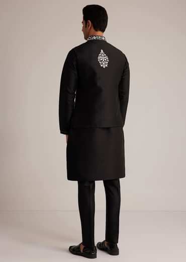 Black Cotton Silk Embroidered Jacket Kurta Set