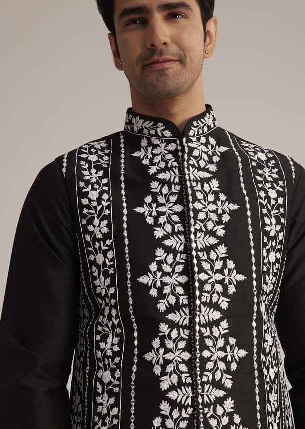Black Cotton Silk Embroidered Jacket Kurta Set Black Cotton Silk Embroidered Jacket Kurta Set