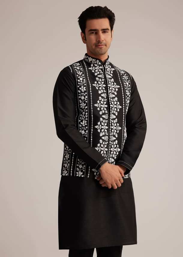 Black Cotton Silk Embroidered Jacket Kurta Set Black Cotton Silk Embroidered Jacket Kurta Set