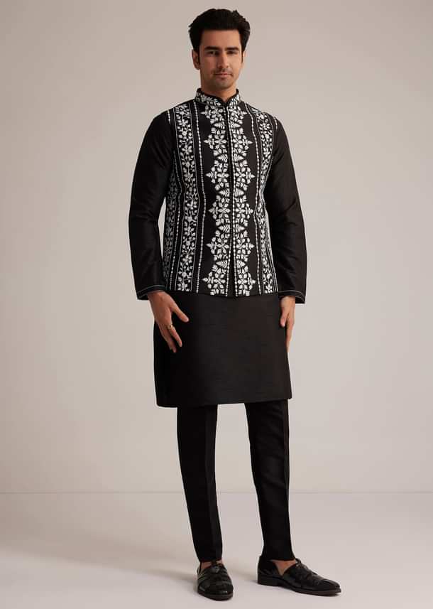 Black Cotton Silk Embroidered Jacket Kurta Set Black Cotton Silk Embroidered Jacket Kurta Set
