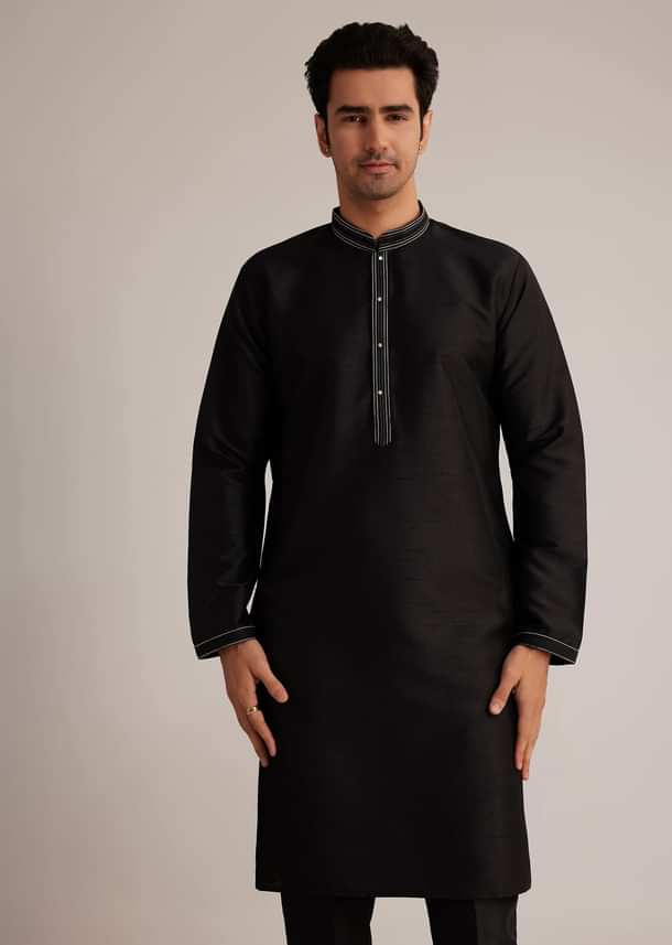 Black Cotton Silk Embroidered Jacket Kurta Set Black Cotton Silk Embroidered Jacket Kurta Set
